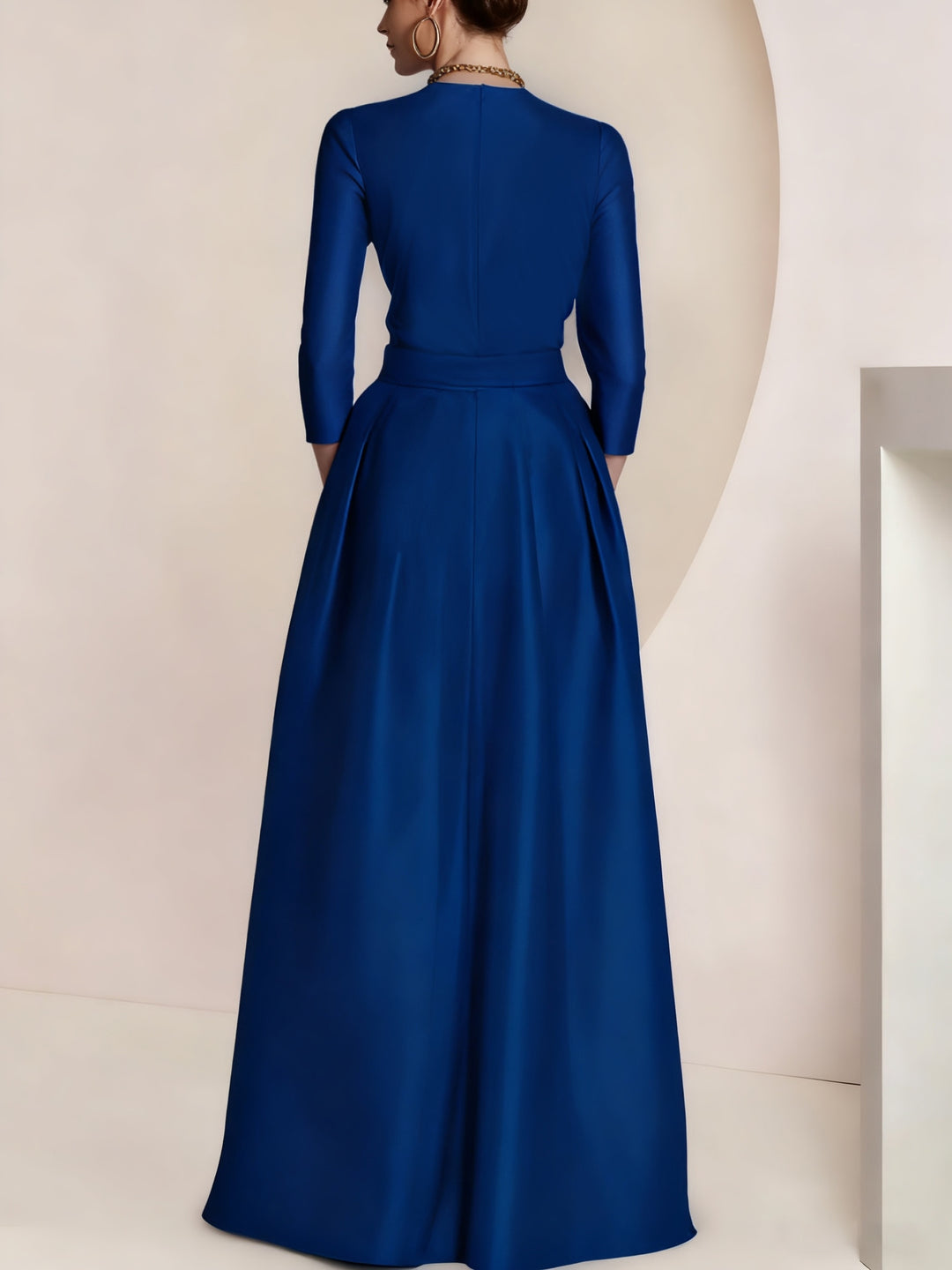 Robe de Mère de la Mariée Coupe A-Line/Princesse, Col en V, Manches 3/4, Longueur Au Sol, avec Fronces, Drapé, Devant Fendu, Fleurs et Fronces