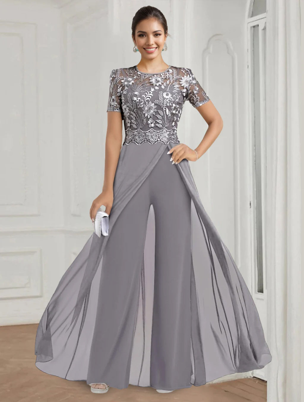 Tailleur-Pantalon en Mousseline Extensible à Col Rond et Manches Courtes pour Mère de la Mariée avec Appliques en Dentelle