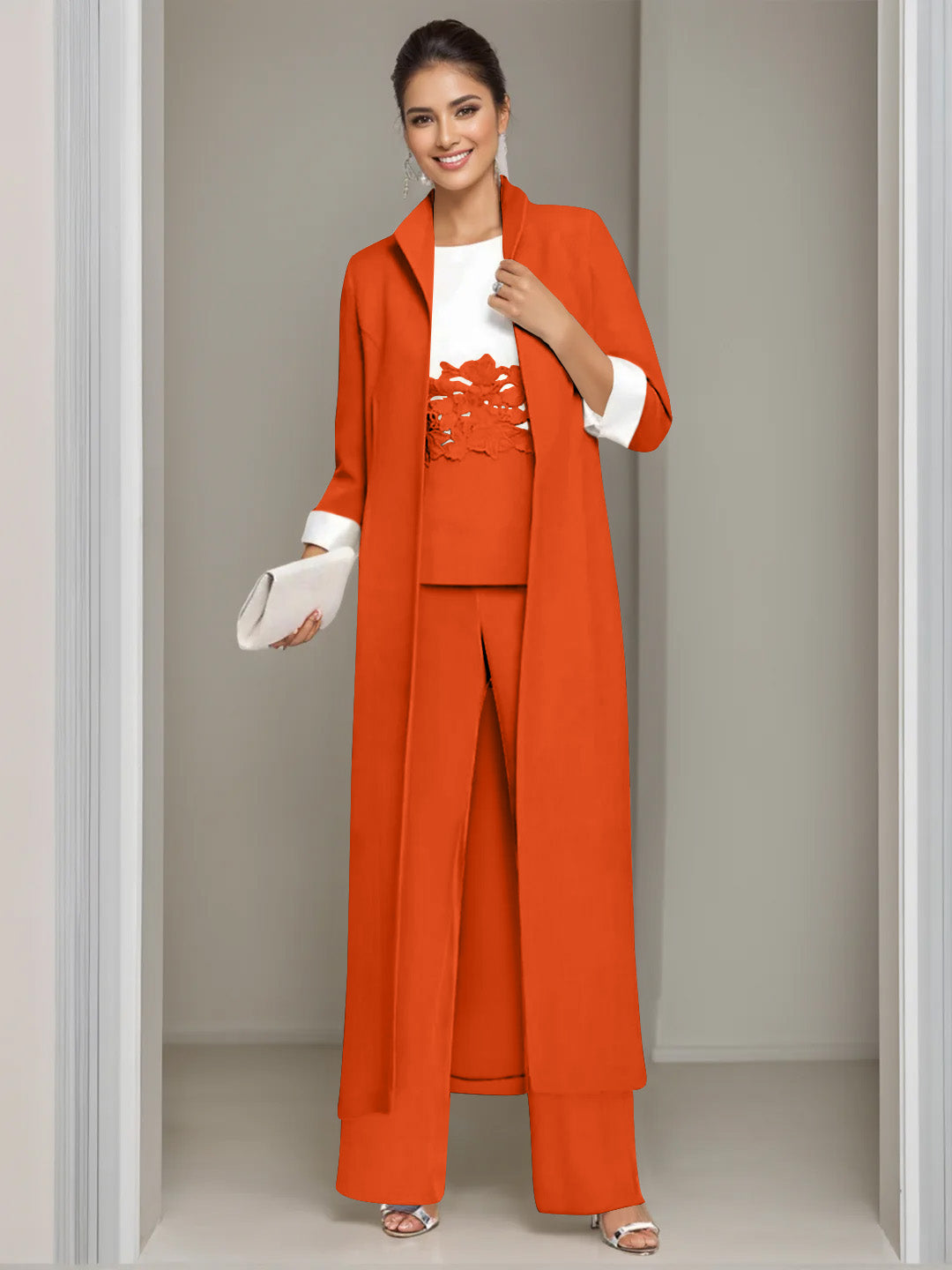 Ensemble 3 Pièces pour Mère de la Mariée, Col Carré, Longueur Cheville, avec Veste et Appliques en Dentelle