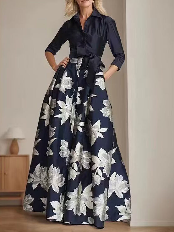 Robe de Mère de la Mariée à Imprimé Floral, Coupe A-Line/Princess, Col Chemise, Manches 3/4, Longueur Au Sol