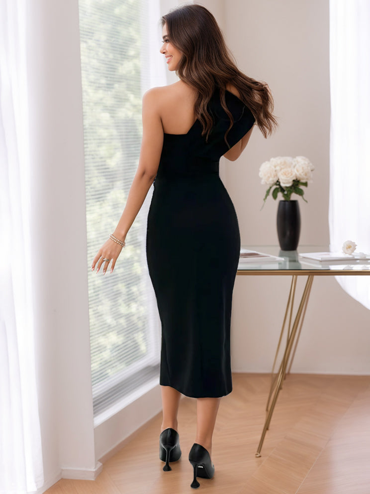 Robe de Mère de la Mariée Fourreau/Colonne à Une Épaule Longueur Thé avec Côté Fendu et Nœud(S)