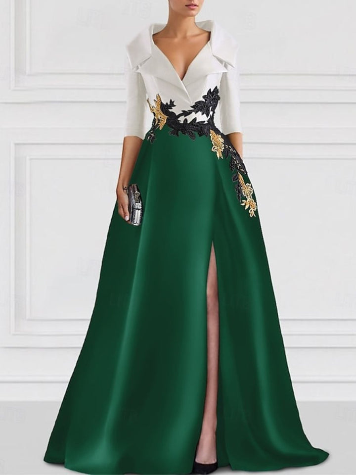 Robe de Mère de la Mariée Coupe A-Line/Princess à Col en V et Longueur Au Sol avec Appliques et Fente Sur le Côté