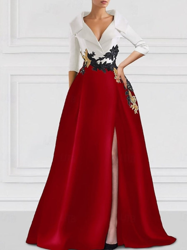 Robe de Mère de la Mariée Coupe A-Line/Princess à Col en V et Longueur Au Sol avec Appliques et Fente Sur le Côté