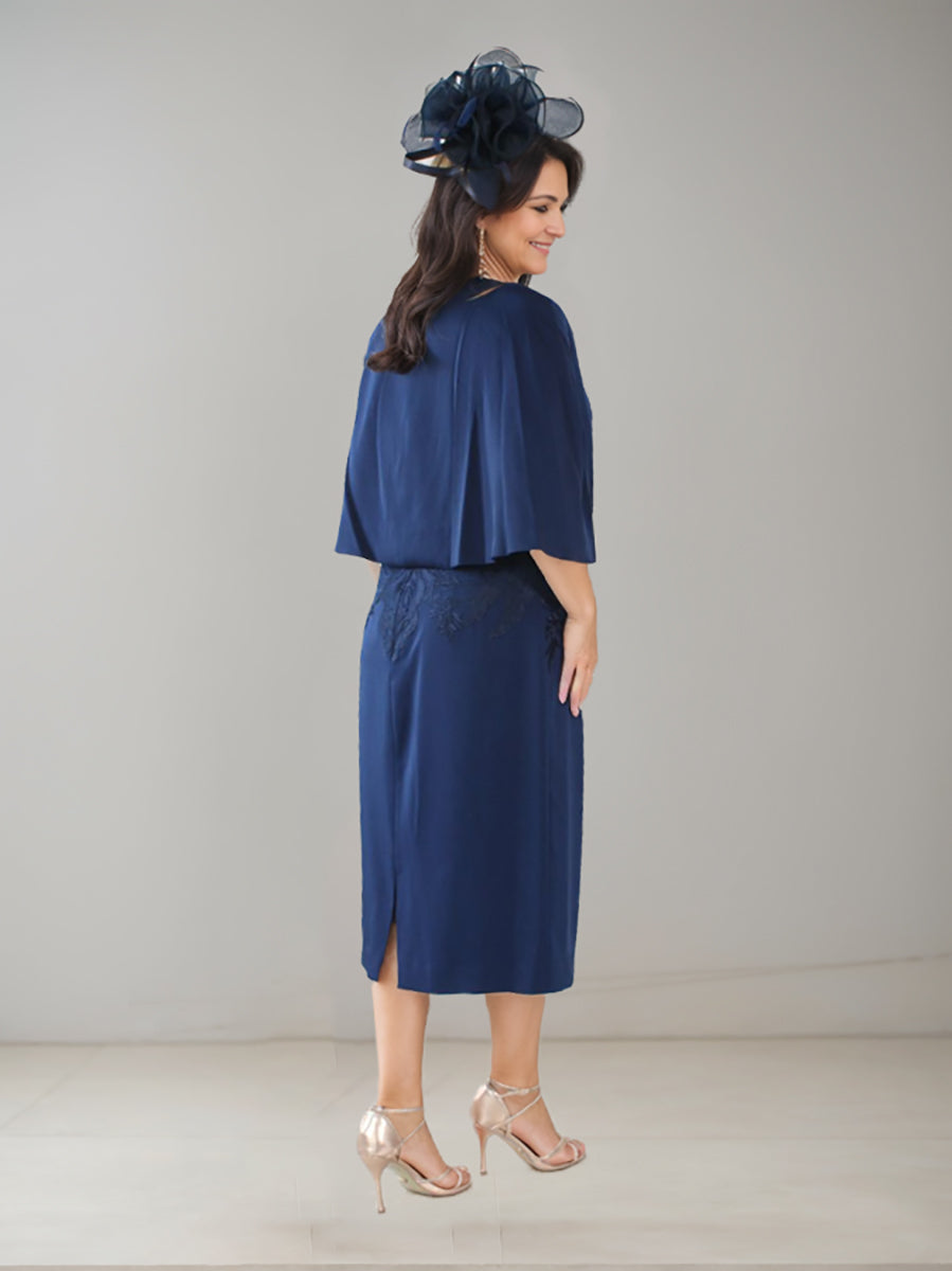 Robe de Mère de la Mariée Grande Taille, Fourreau/Colonne, Col en V, Longueur Thé, avec Strass et Appliques