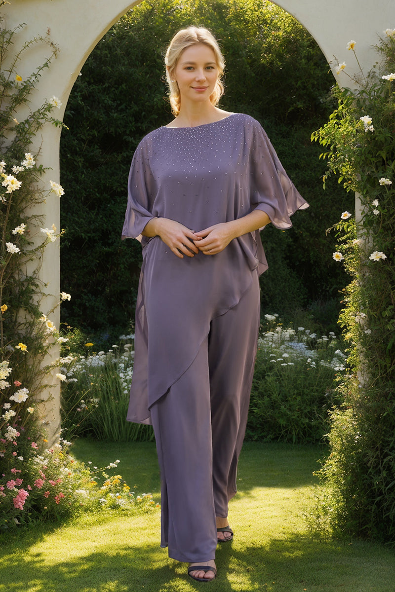 Ensemble pantalon 2 pièces mère de la mariée mousseline col rond, manches 3/4, strass