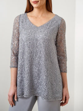 Tailleur-Pantalon en Mousseline à Col en V et Manches 3/4 pour Mère de la Mariée avec Paillettes