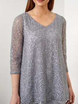 Tailleur-Pantalon en Mousseline à Col en V et Manches 3/4 pour Mère de la Mariée avec Paillettes