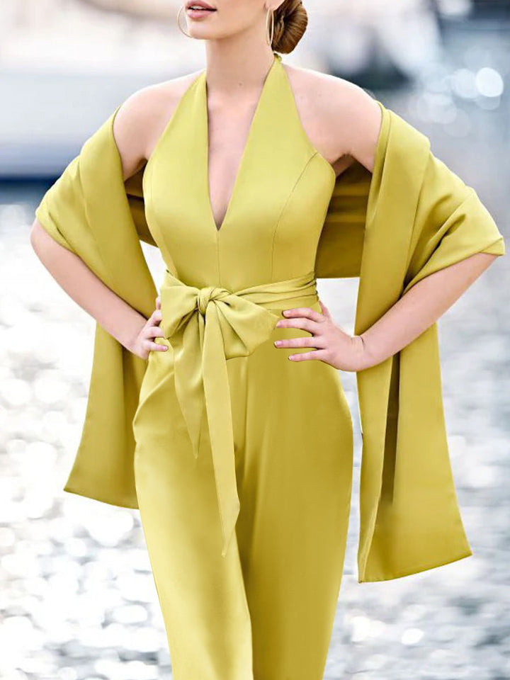 Ensemble 2 Pièces pour Mère de la Mariée, Col en V, Sans Manches, Longueur Au Sol, avec Ceinture à Nœud