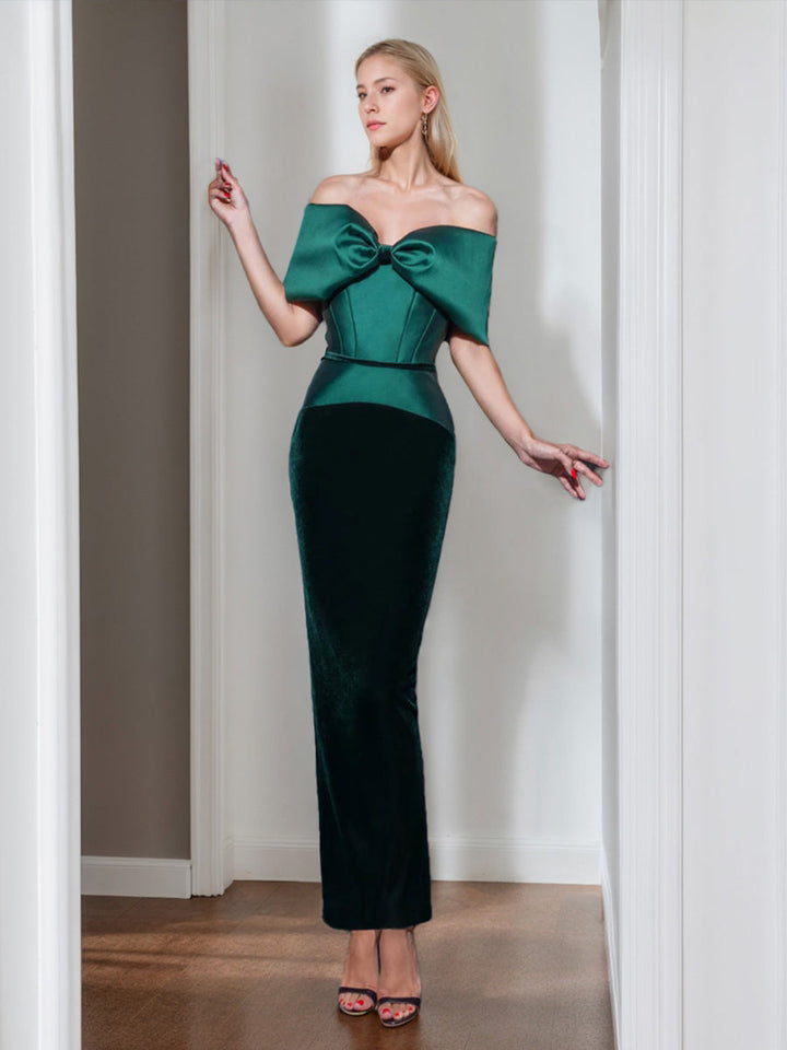 Robe de Mère de la Mariée Fourreau/Colonne à Épaules Dénudées et Longueur Cheville Froncée avec Nœud