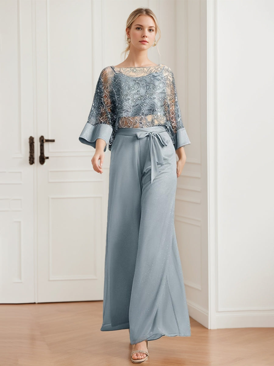 Ensemble pantalon 2 pièces mère de la mariée mousseline col rond, dentelle appliques, sequins