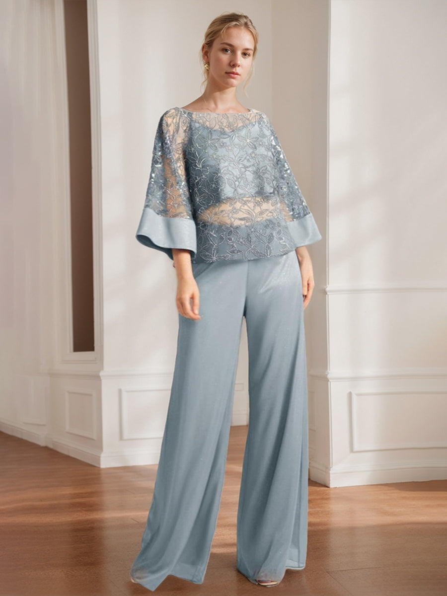 Ensemble pantalon 2 pièces mère de la mariée mousseline col rond, dentelle appliques, sequins