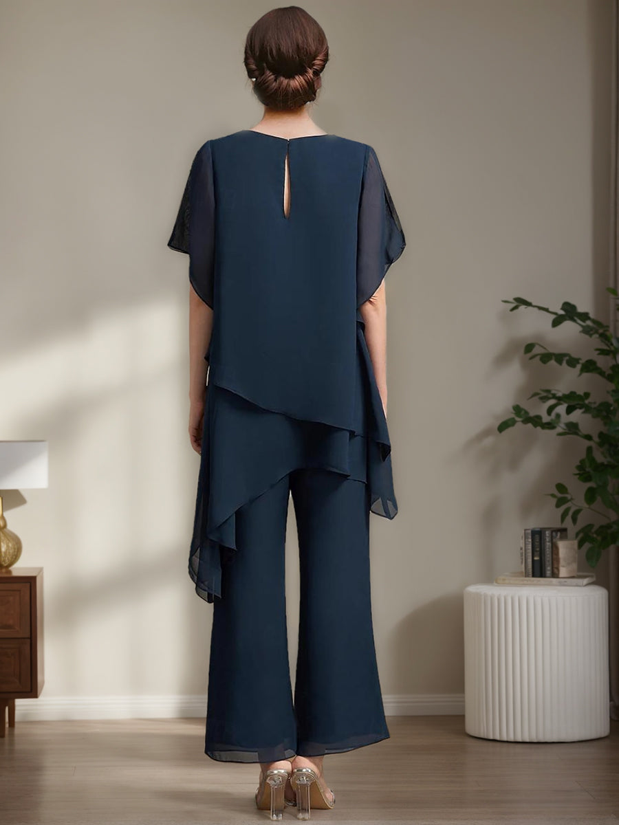 Ensemble pantalon 2 pièces mère de la mariée mousseline col rond, volants