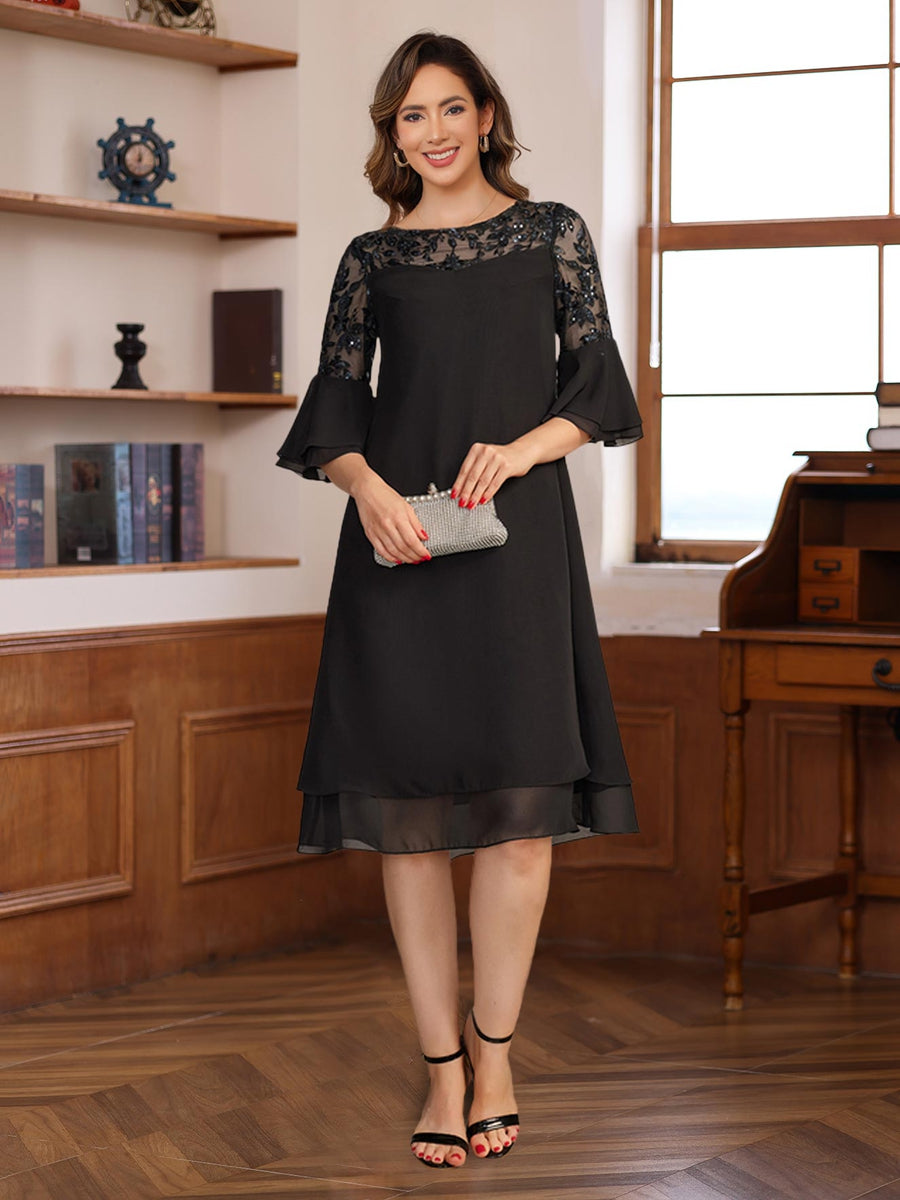 Ligne A/Princesse Col rond 1/2 Manches Knee Length Mère of the Mariée & Groom Robes avec Dentelle Appliques & Froufrous