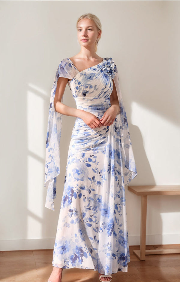 Ligne A/Princesse Col en V Pleated Printed Floral Robes Mère de La Mariée avec Froufrous & 3D Fleur