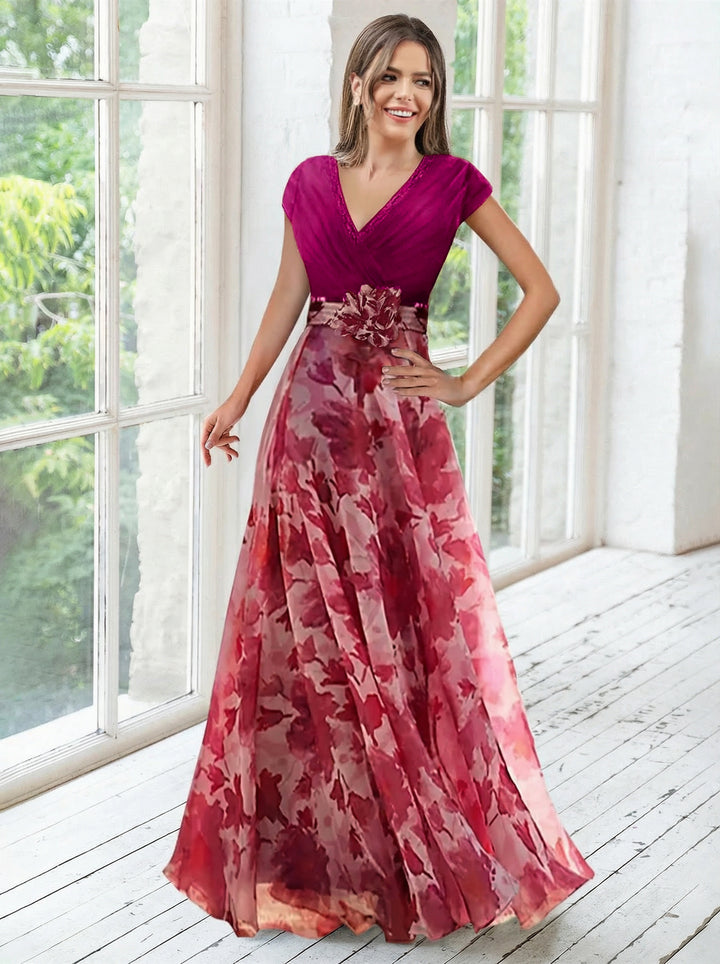 Robe ligne A/princesse, Col en V, pour mère de la mariée, longueur du sol, manches courtes