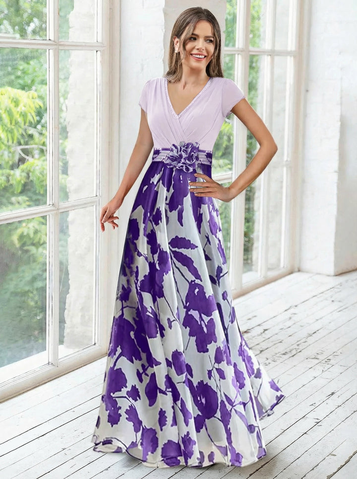 Robe ligne A/princesse, Col en V, pour mère de la mariée, longueur du sol, manches courtes