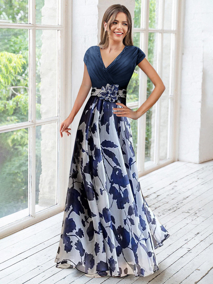 Robe ligne A/princesse, Col en V, pour mère de la mariée, longueur du sol, manches courtes