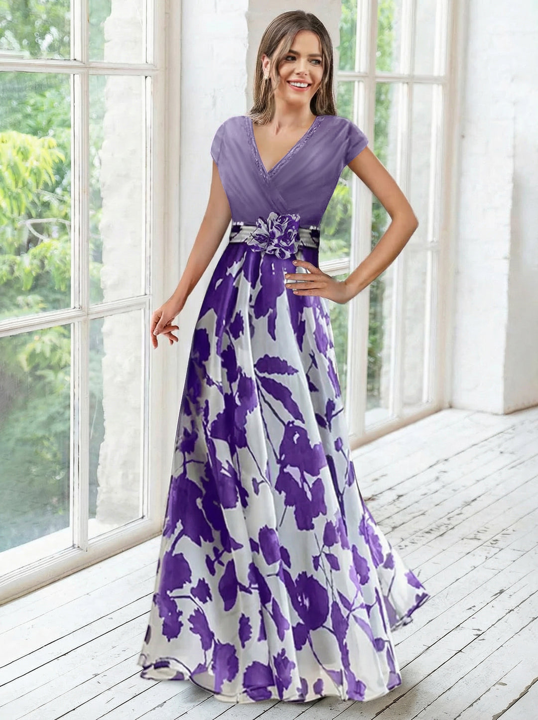 Robe ligne A/princesse, Col en V, pour mère de la mariée, longueur du sol, manches courtes