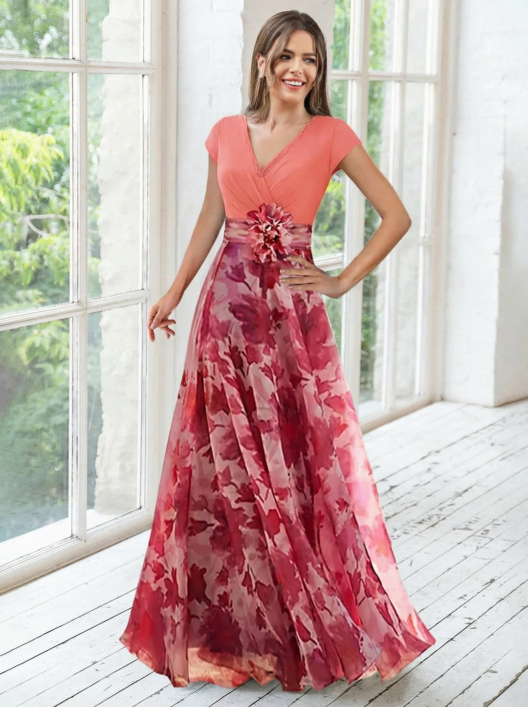 Robe ligne A/princesse, Col en V, pour mère de la mariée, longueur du sol, manches courtes