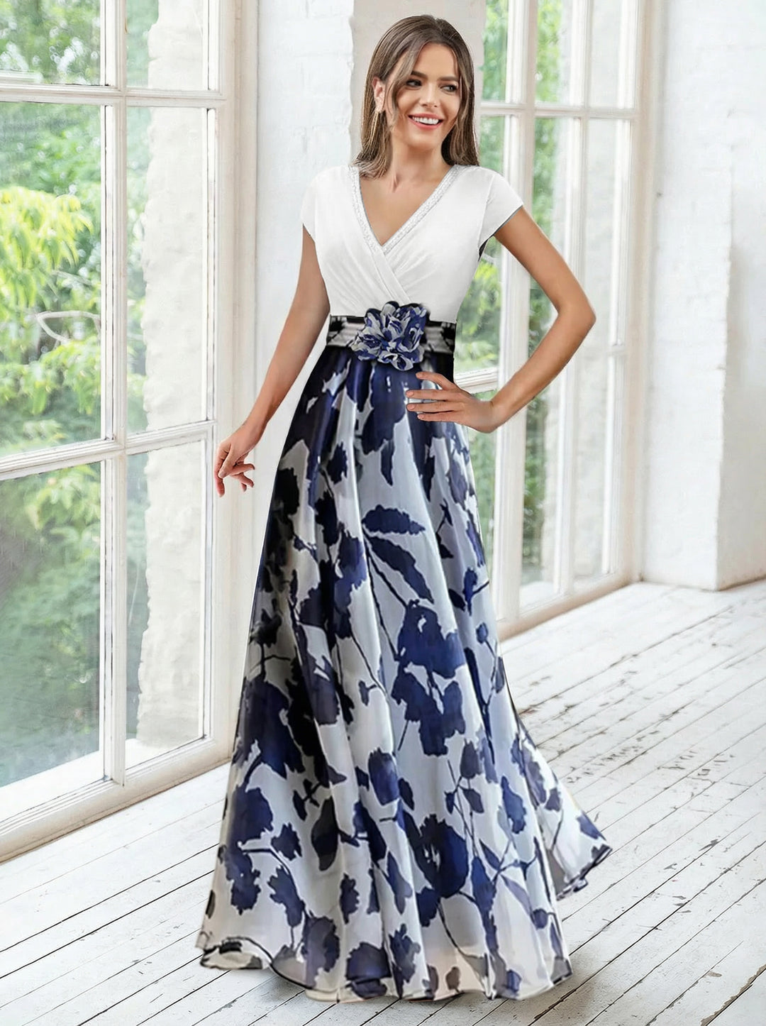 Robe ligne A/princesse, Col en V, pour mère de la mariée, longueur du sol, manches courtes