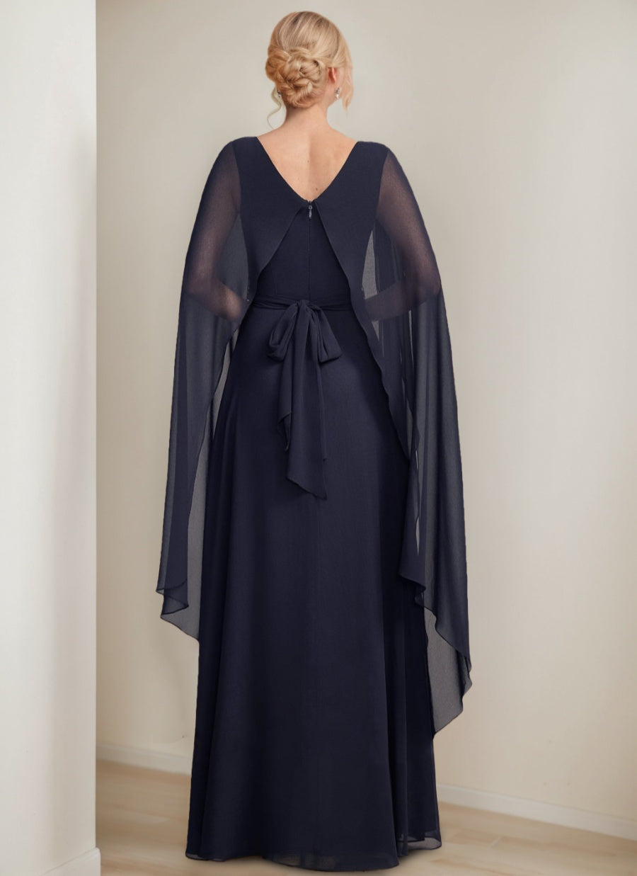 Ligne A/Princesse Scoop La Longueur du Sol Cape Sleeves Robes Mère de La Mariée avec Bow & Froufrous