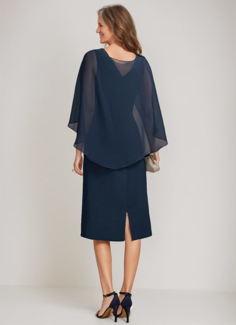 Gaine/Colonne Collier Bijou Longueur de Thé Robes Mère de La Mariée avec Detachable Cape & Froufrous & Beads