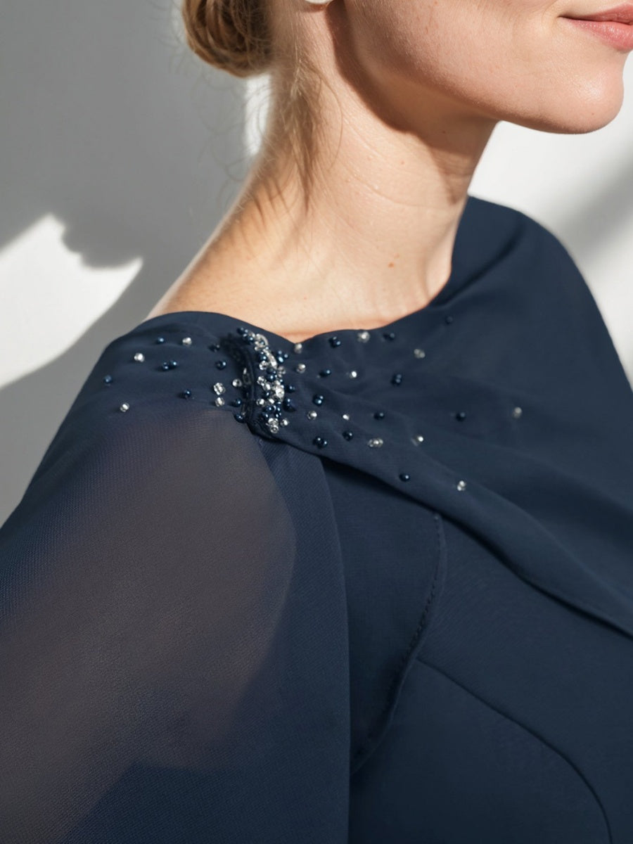 Gaine/Colonne Collier Bijou Longueur de Thé Robes Mère de La Mariée avec Detachable Cape & Froufrous & Beads