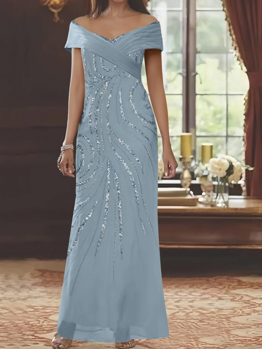 Robe mère de la mariée fourreau, manches tombantes, longueur sol, sequins