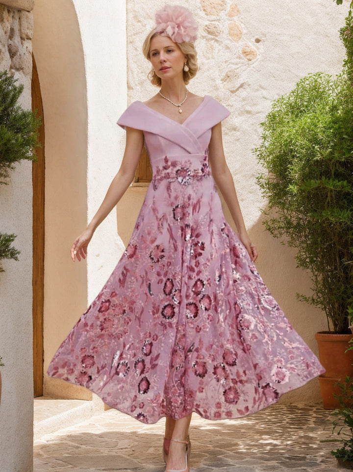 Robe Mère de la Mariée, Ligne A/Princesse, Col en V, Satin Élastique, Tulle, Manches Courtes, Longueur du Thé, Emboderie