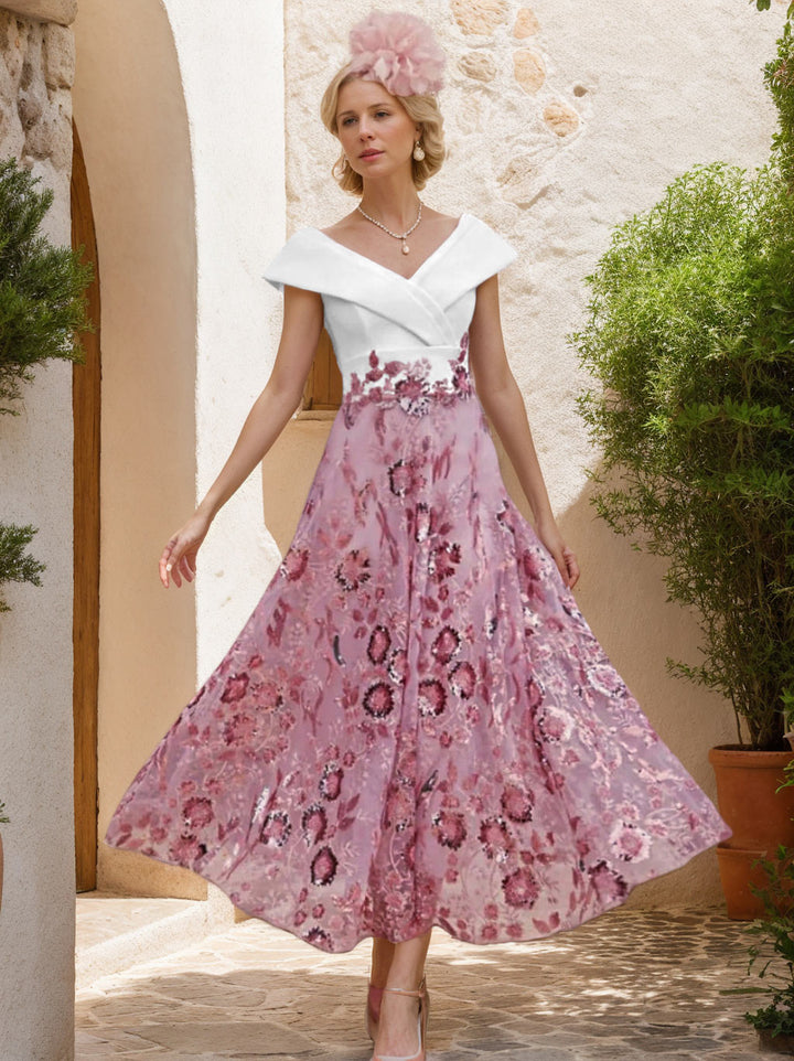 Robe Mère de la Mariée, Ligne A/Princesse, Col en V, Satin Élastique, Tulle, Manches Courtes, Longueur du Thé, Emboderie