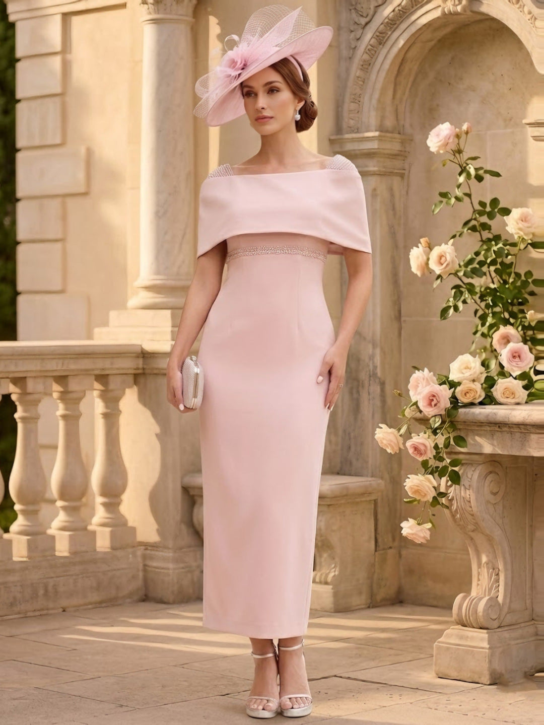 Gaine/Colonne Hors de l'épaule Sans Manches Longueur de La Cheville Robes Mère de La Mariée avec Perlage& Nœud