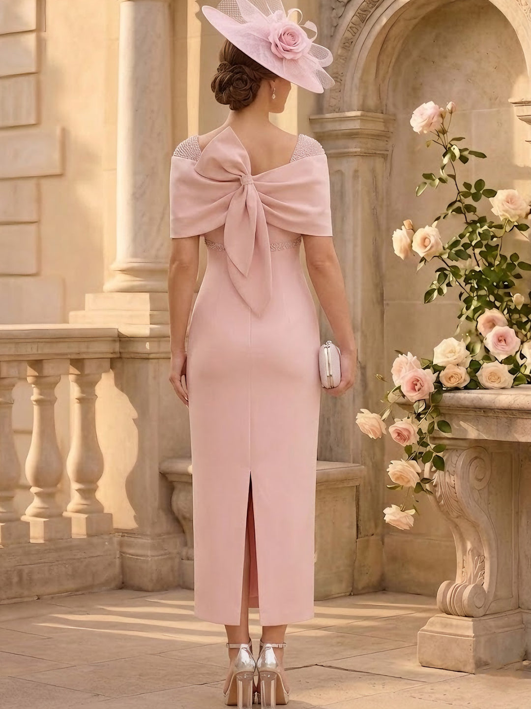 Gaine/Colonne Hors de l'épaule Sans Manches Longueur de La Cheville Robes Mère de La Mariée avec Perlage& Nœud
