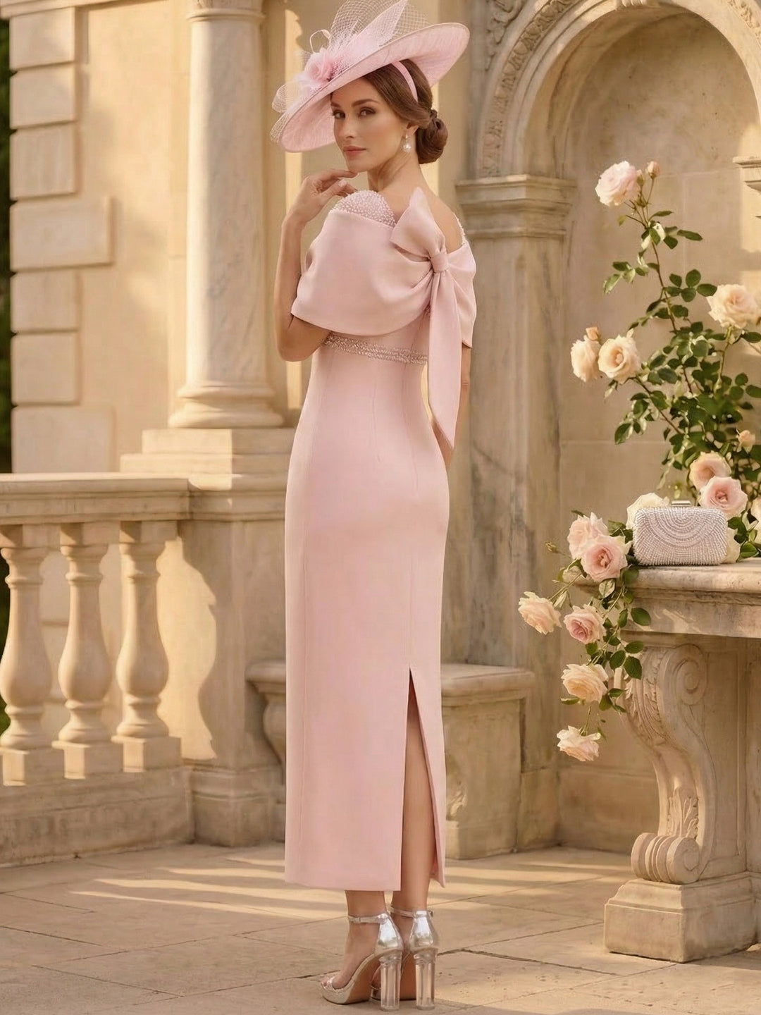 Gaine/Colonne Hors de l'épaule Sans Manches Longueur de La Cheville Robes Mère de La Mariée avec Perlage& Nœud