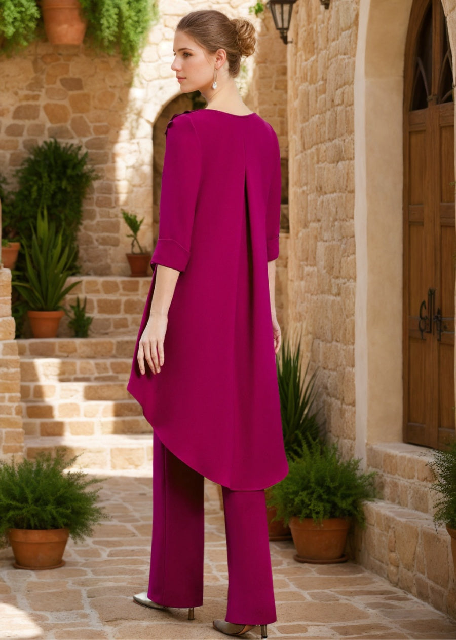 Ensemble pantalon 2 pièces mère de la mariée col V, manches 3/4, longueur sol, volants, appliques bijou