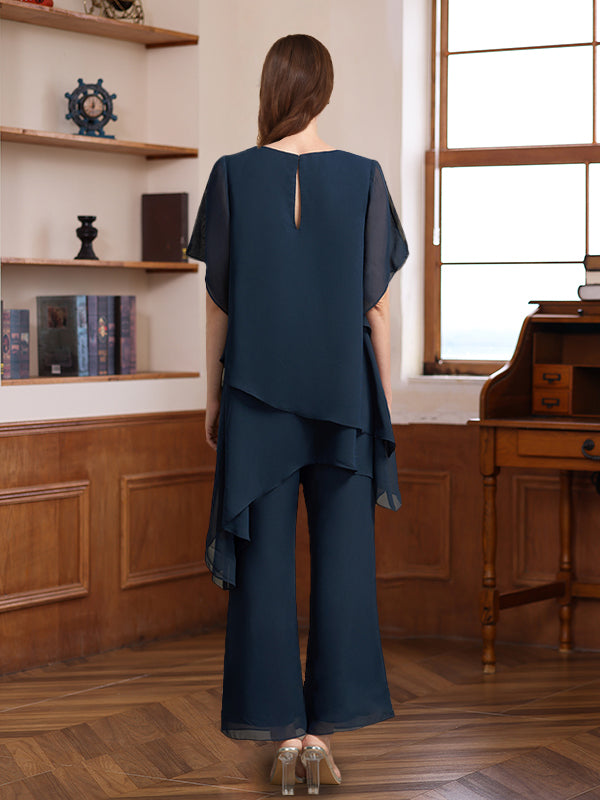 Ensemble pantalon 2 pièces col rond, manches mi-longues, longueur cheville