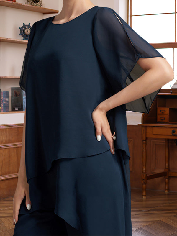 Ensemble pantalon 2 pièces col rond, manches mi-longues, longueur cheville