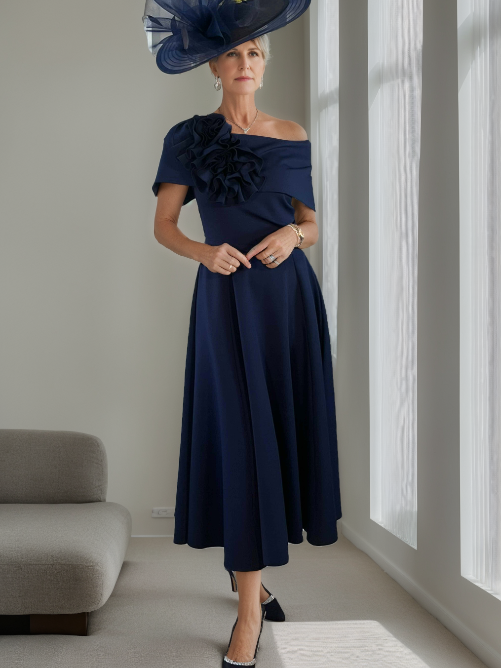 Ligne A/Princesse Hors de l'Épaule Longueur de Thé Robes Mère de La Mariée avec 3D Fleurs