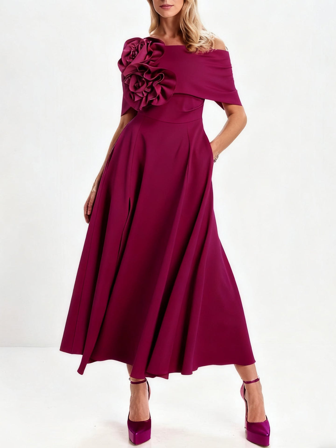 Ligne A/Princesse Hors de l'Épaule Longueur de Thé Robes Mère de La Mariée avec 3D Fleurs