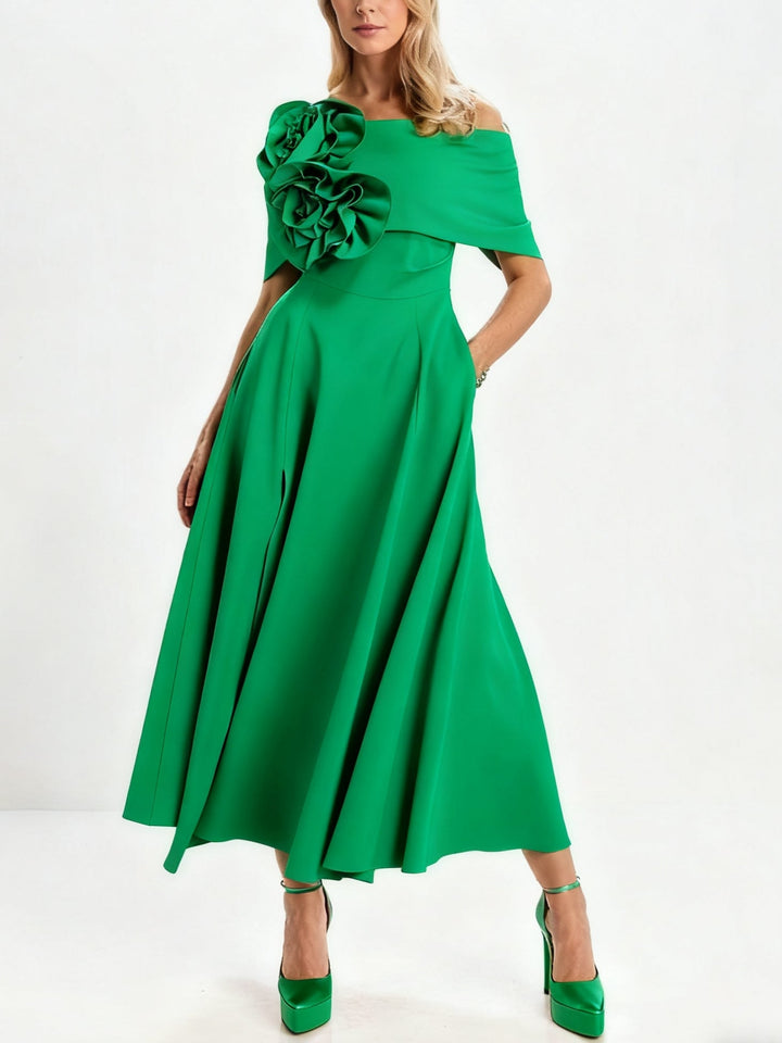 Ligne A/Princesse Hors de l'Épaule Longueur de Thé Robes Mère de La Mariée avec 3D Fleurs