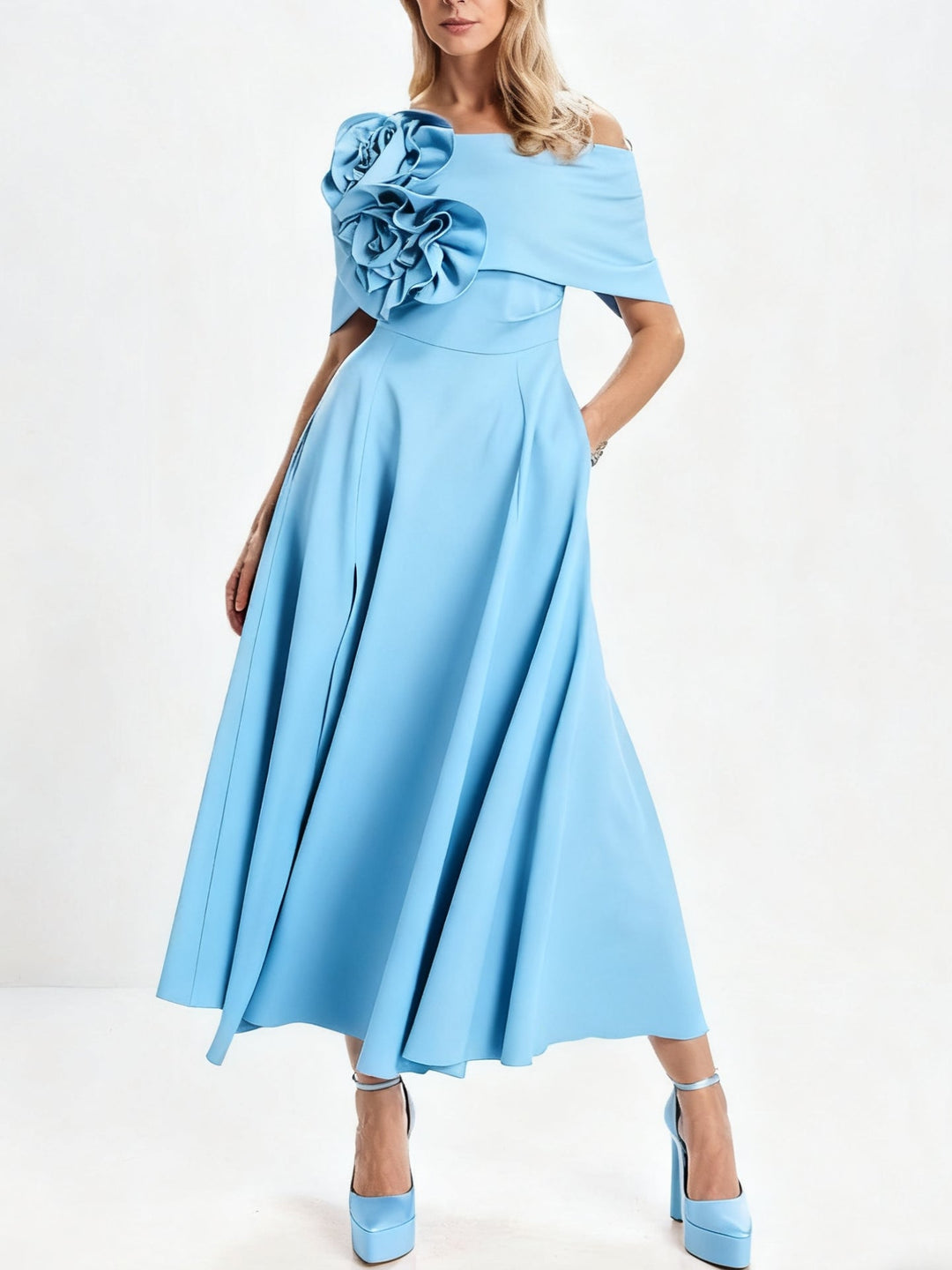 Ligne A/Princesse Hors de l'Épaule Longueur de Thé Robes Mère de La Mariée avec 3D Fleurs