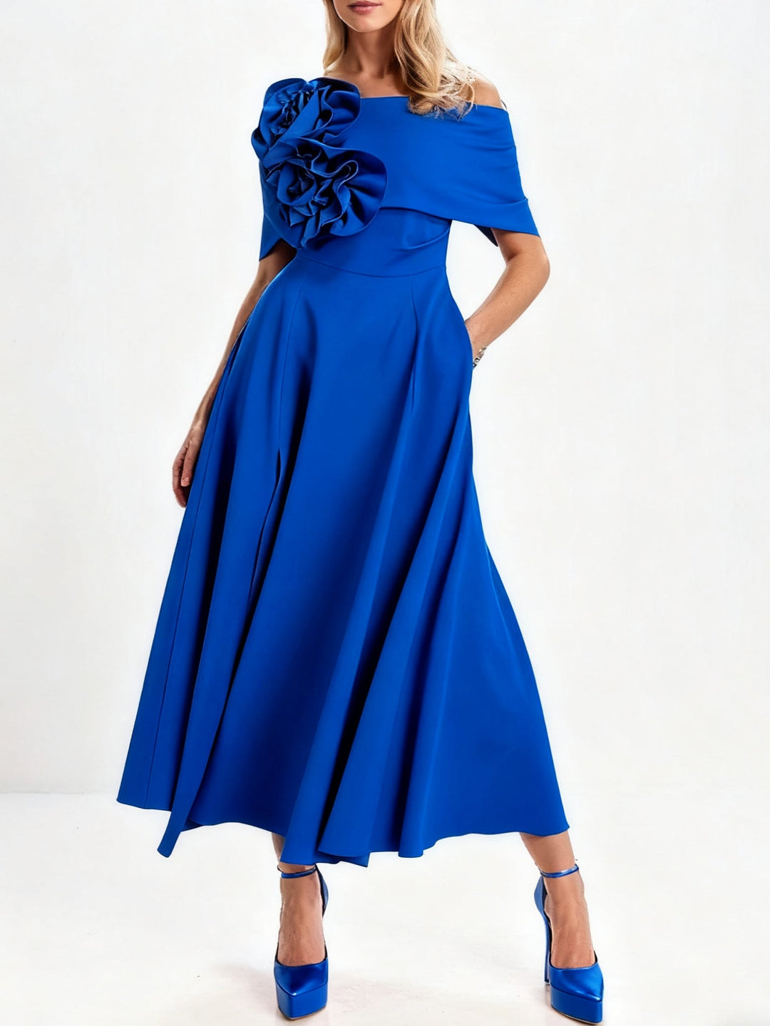 Ligne A/Princesse Hors de l'Épaule Longueur de Thé Robes Mère de La Mariée avec 3D Fleurs