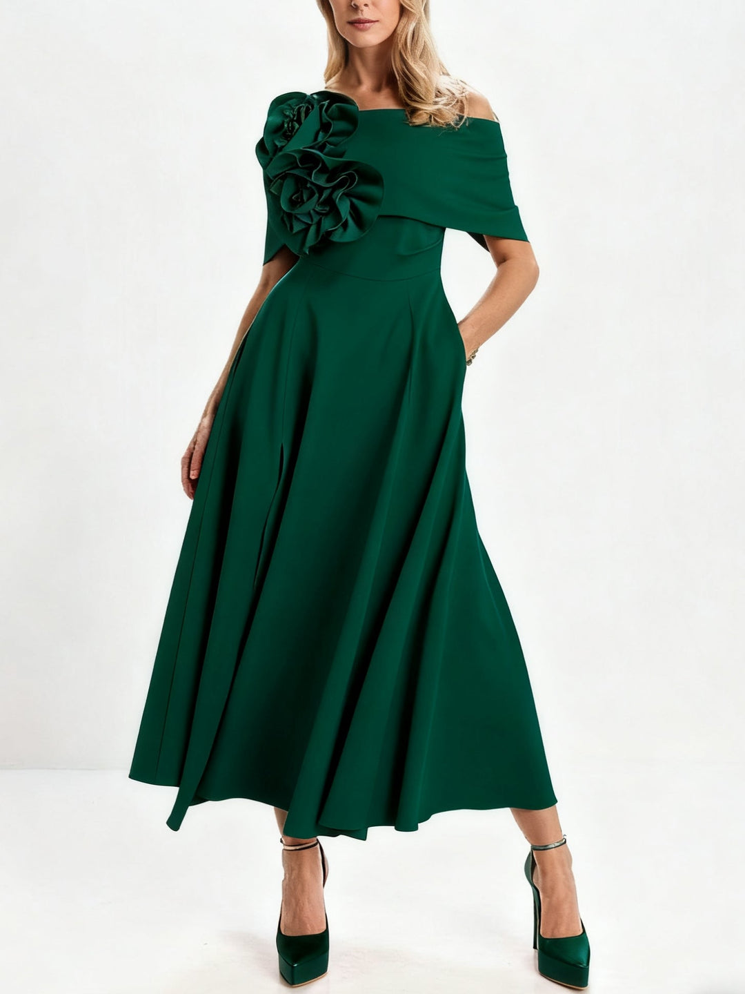 Ligne A/Princesse Hors de l'Épaule Longueur de Thé Robes Mère de La Mariée avec 3D Fleurs