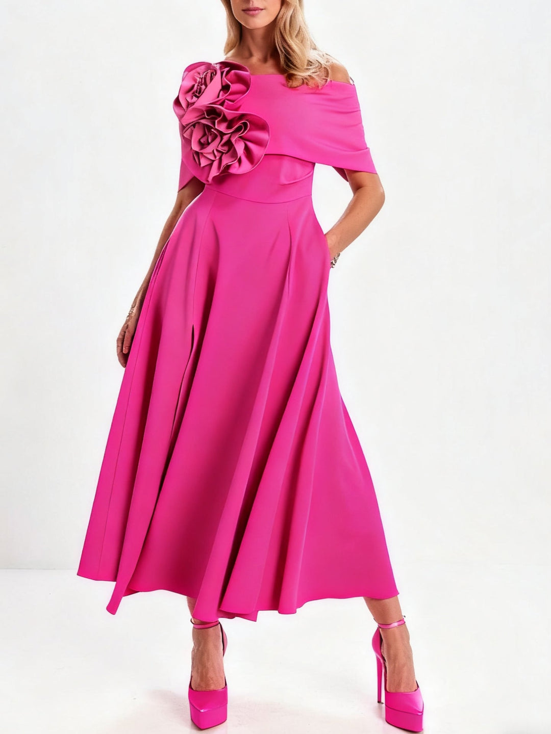 Ligne A/Princesse Hors de l'Épaule Longueur de Thé Robes Mère de La Mariée avec 3D Fleurs