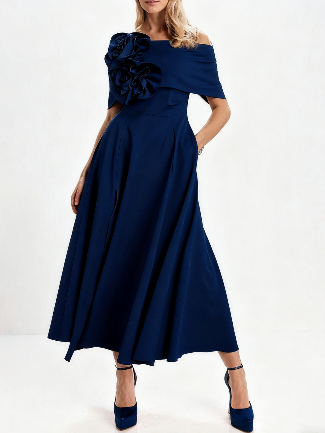 Ligne A/Princesse Hors de l'Épaule Longueur de Thé Robes Mère de La Mariée avec 3D Fleurs