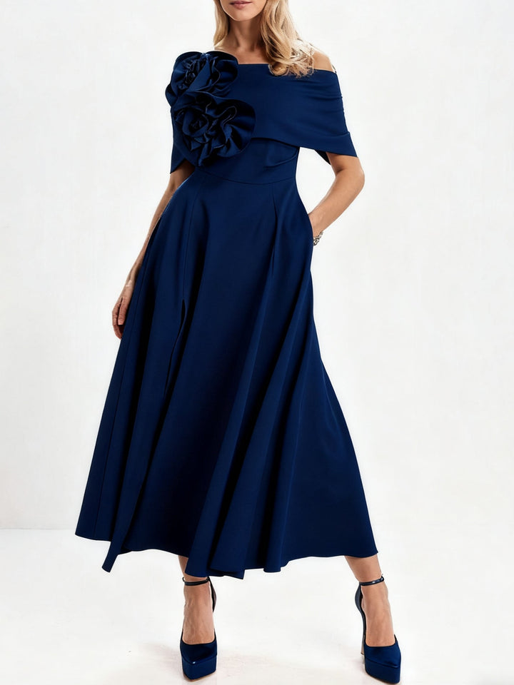 Ligne A/Princesse Hors de l'Épaule Longueur de Thé Robes Mère de La Mariée avec 3D Fleurs