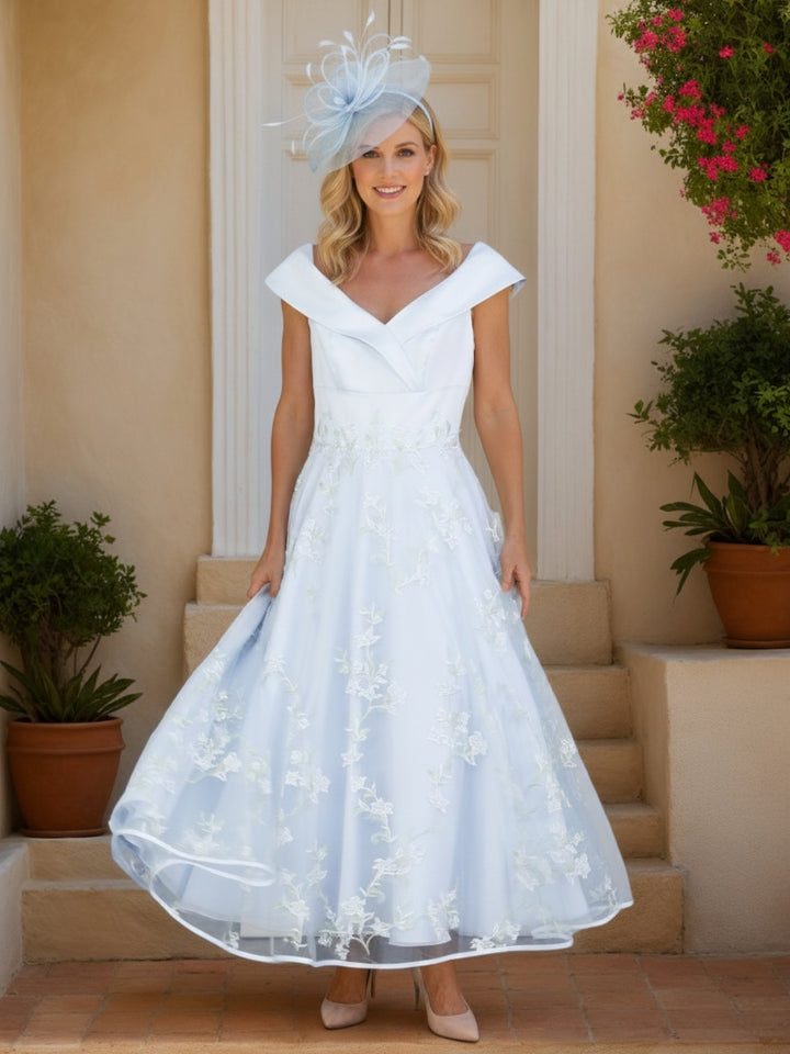 Robe Mère de la Mariée, Ligne A/Princesse, Col en V, Manches Courtes, Longueur de la Cheville, Dentelle