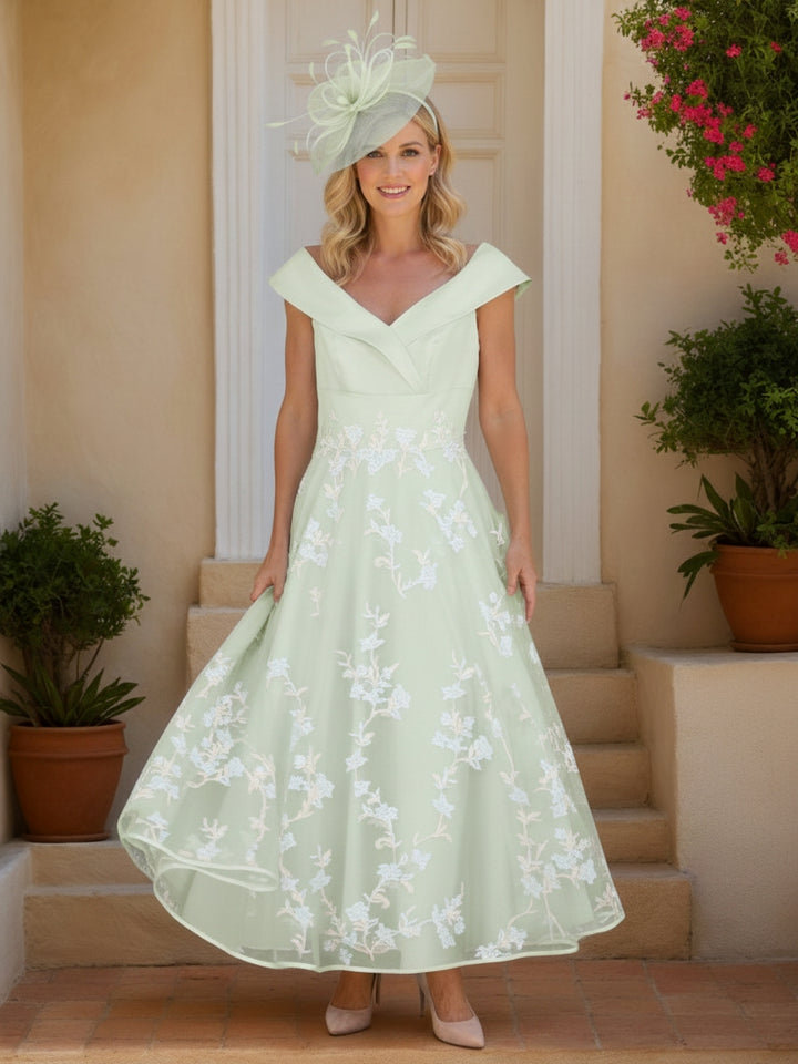 Robe Mère de la Mariée, Ligne A/Princesse, Col en V, Manches Courtes, Longueur de la Cheville, Dentelle