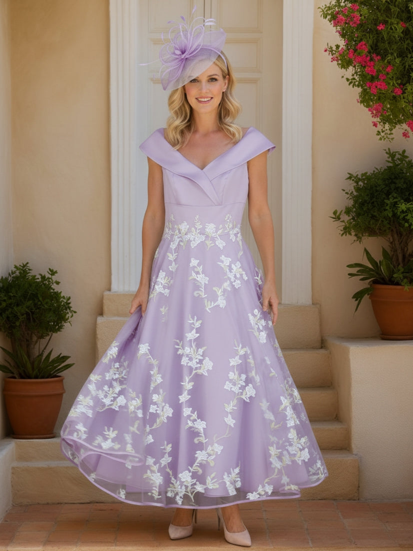 Robe Mère de la Mariée, Ligne A/Princesse, Col en V, Manches Courtes, Longueur de la Cheville, Dentelle