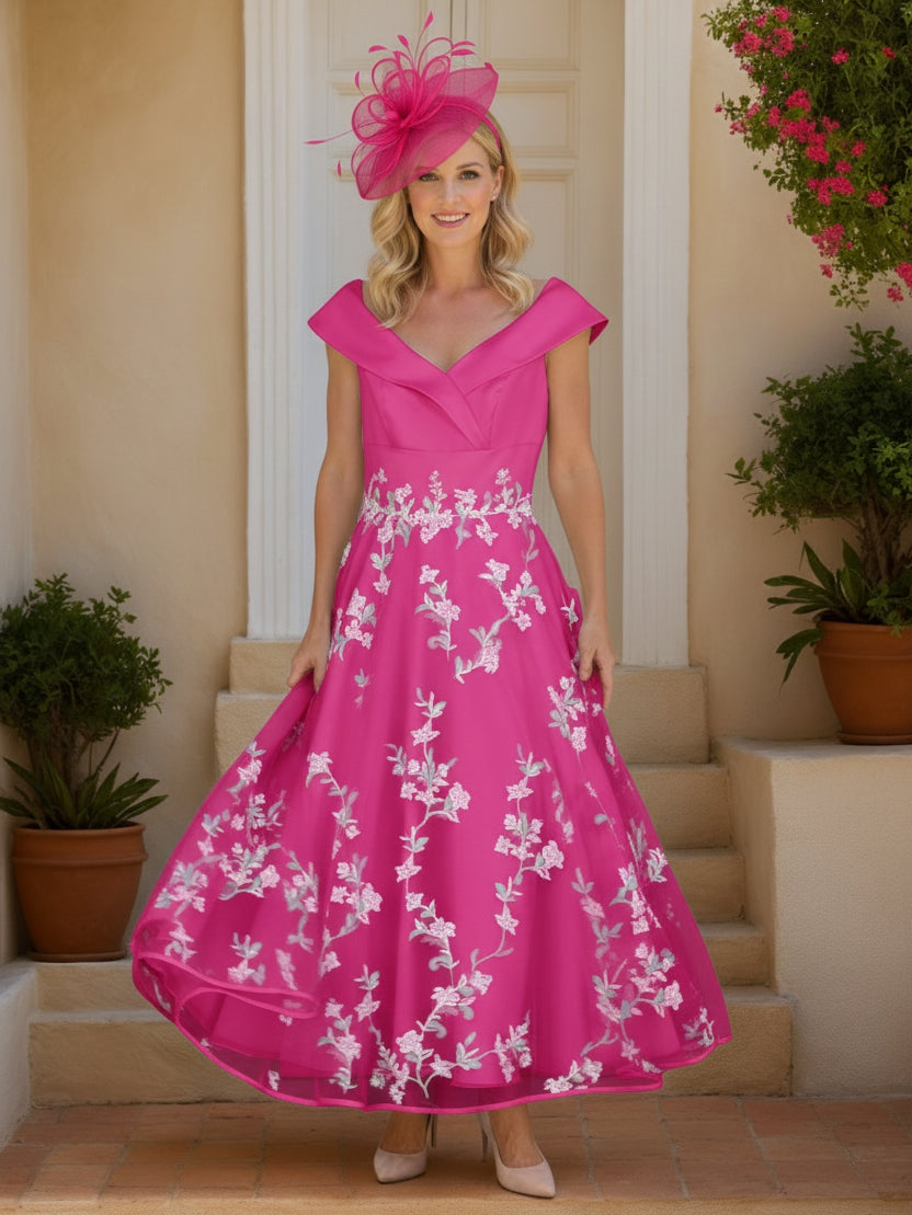 Robe Mère de la Mariée, Ligne A/Princesse, Col en V, Manches Courtes, Longueur de la Cheville, Dentelle