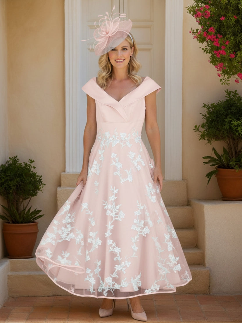 Robe Mère de la Mariée, Ligne A/Princesse, Col en V, Manches Courtes, Longueur de la Cheville, Dentelle
